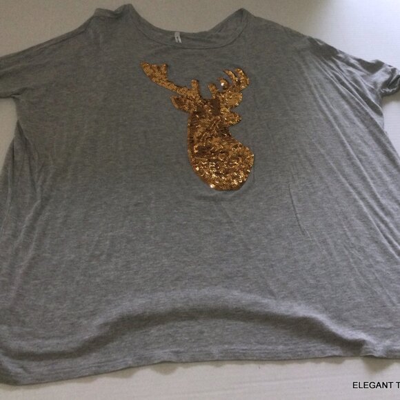 Acting Pro Gray Gold Sequins Deer Shirt XL Holiday Christmas Blingy Boutique Top - Picture 2 of 11